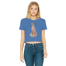 Load image into Gallery viewer, a dark blue tee with a cheetah on the front for women
