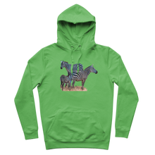 Load image into Gallery viewer, Three zebra printed on the front of a green hoodie
