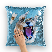 Load image into Gallery viewer, Blue sequinned cushion that has a hidden large print yawning lion when swiped
