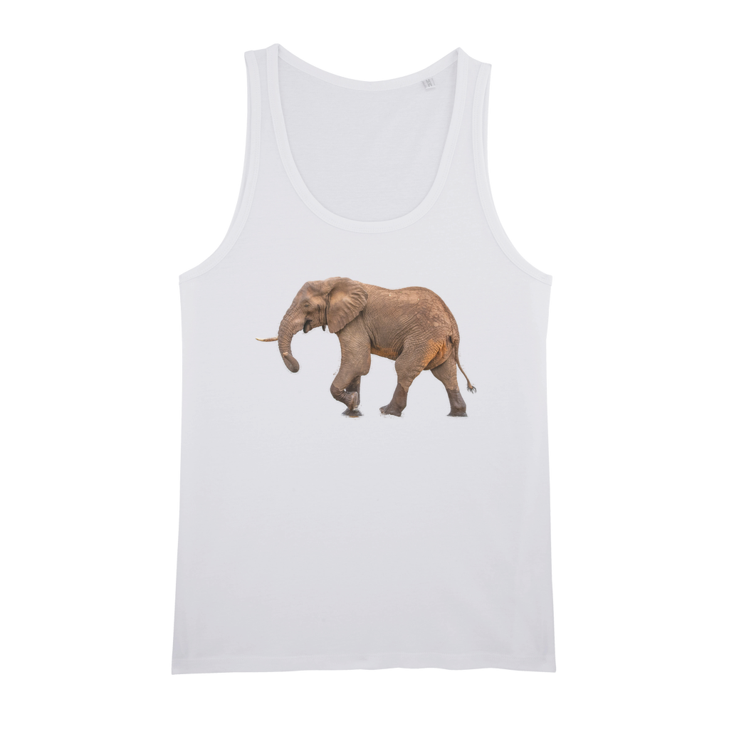 A photographic print of an african elephant on an organic cotton black tank for men.