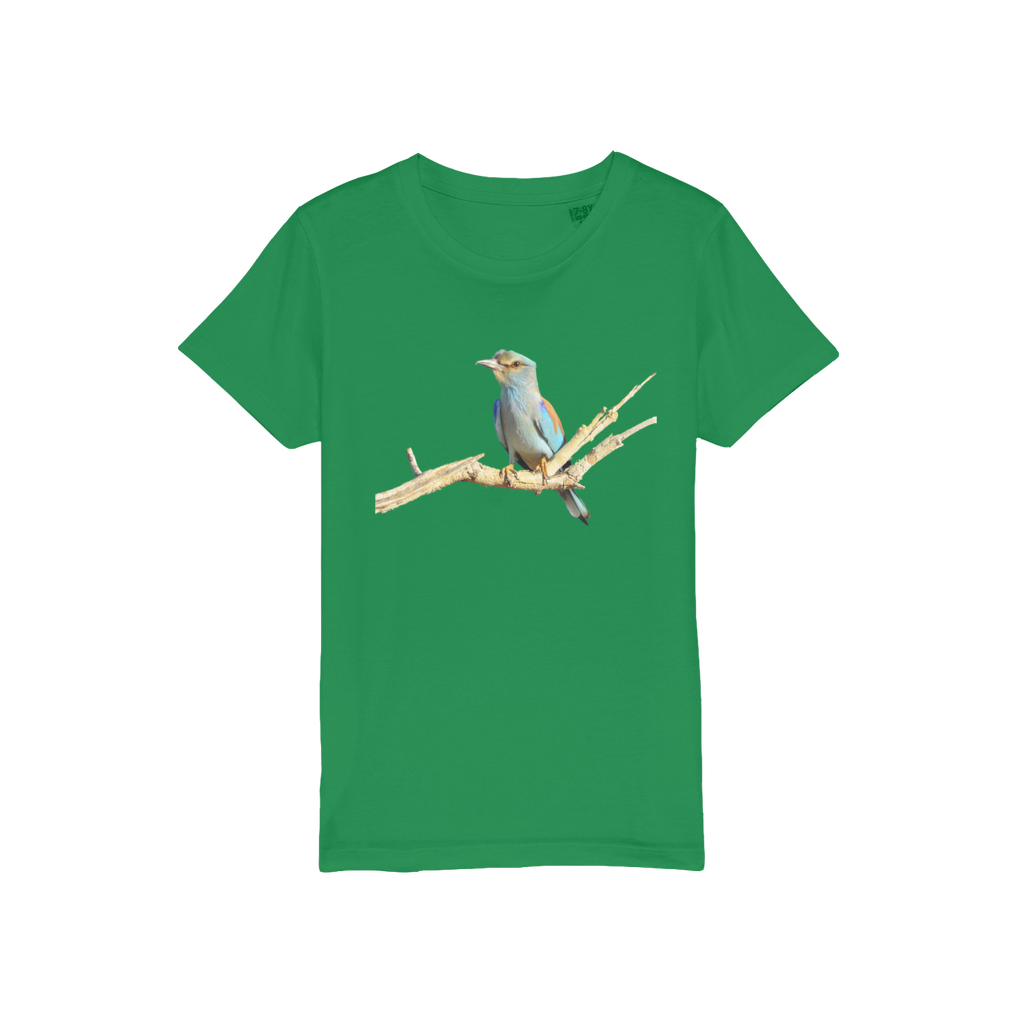 a green t-shirt for boys and girls with a roller bird 