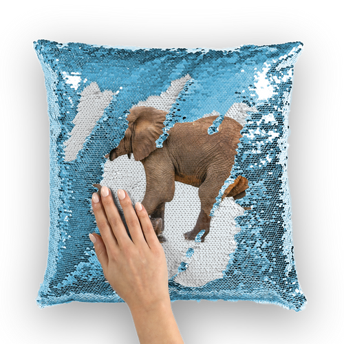 Blue sequinned cushion that has a hidden large print elephant when swiped
