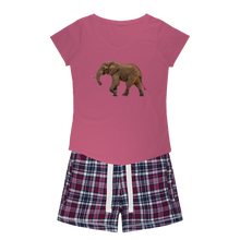 Load image into Gallery viewer, Ladies PJs: Elephant on a pink shirt. Matching flannel shorts with white navy&amp;pink colours
