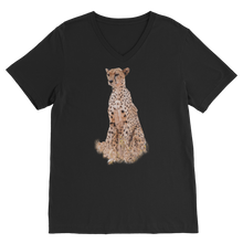 Load image into Gallery viewer, Cheetah T-shirt with a v neck and in black
