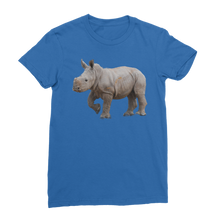 Load image into Gallery viewer, women&#39;s blue t0shirt with a round neck and a rhino calf print
