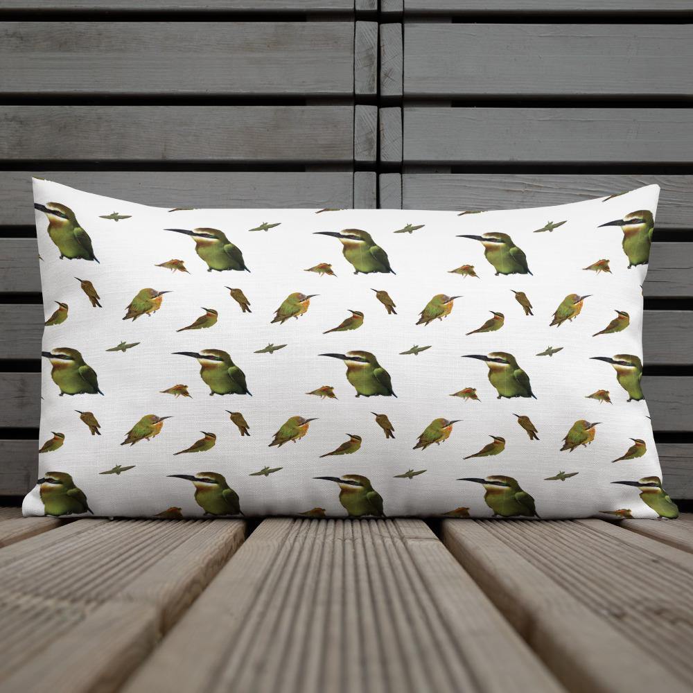 White rectangular pillow with a repeating bee eater bird pattern