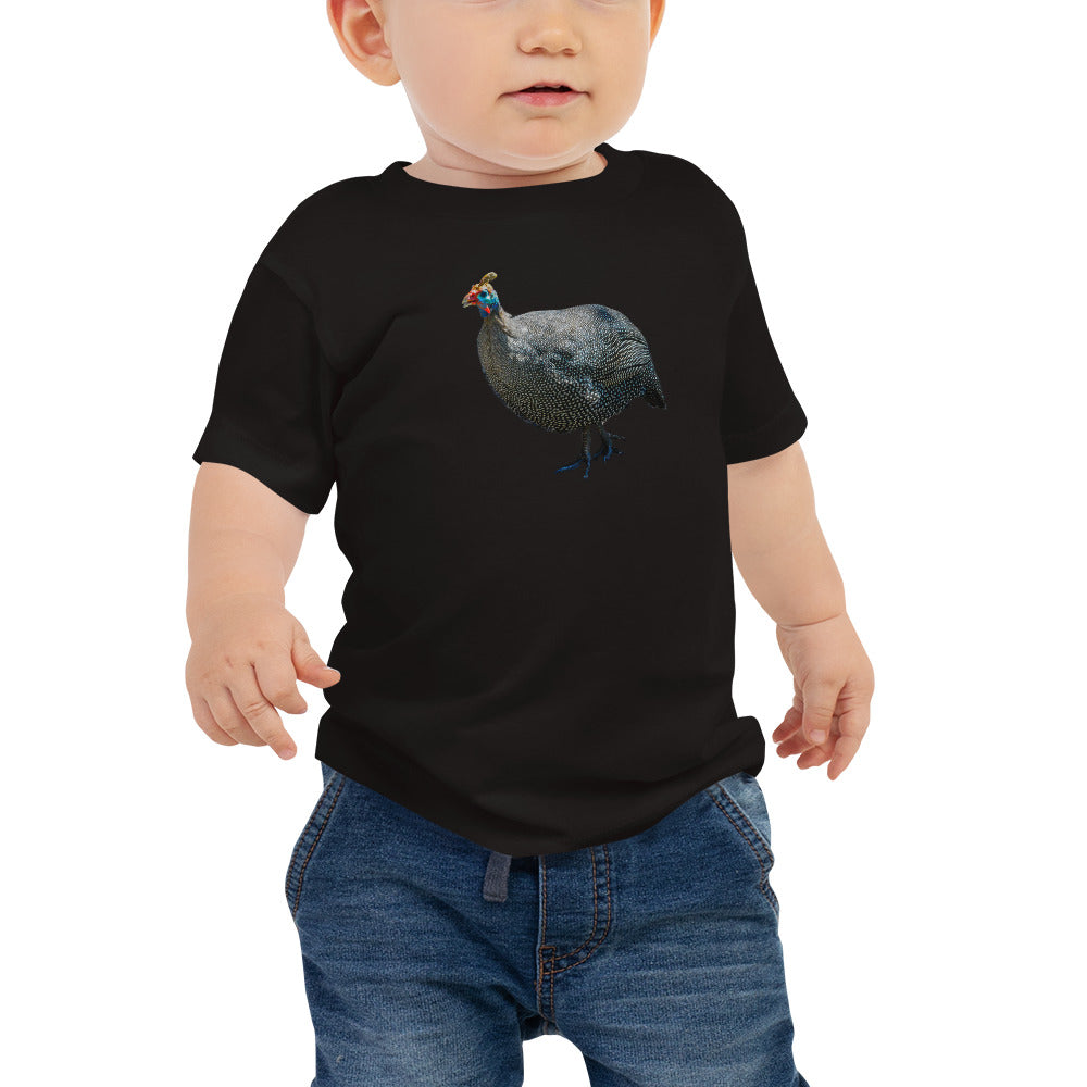 Black t-shirt for babies with a guinea fowl. Worn by a toddler.