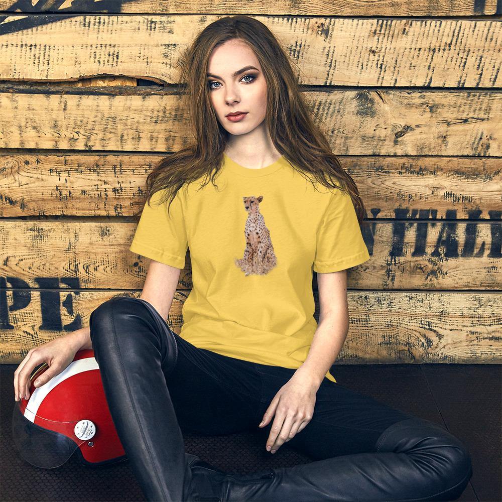 a sunflower yellow round neck tshirt for women with a cheetah picture