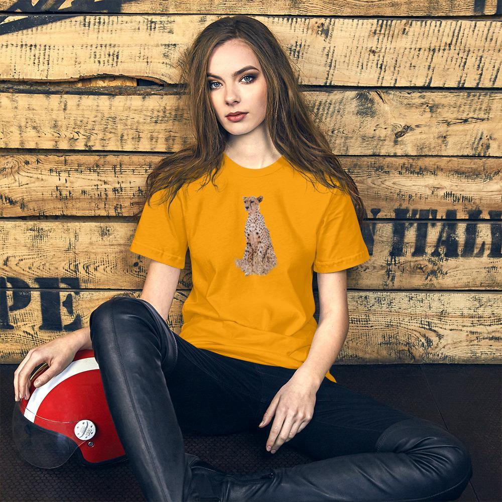 an orange tee for women with an adult cheetah on the front