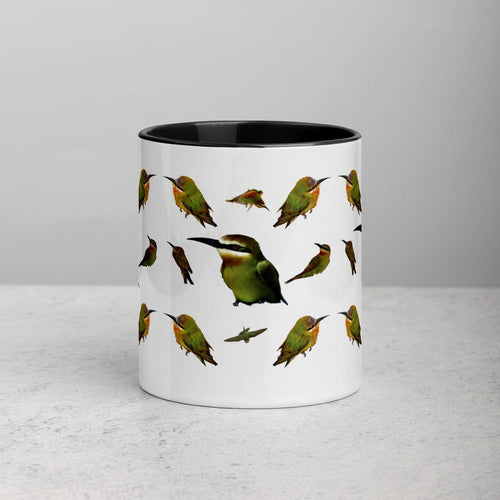 Bee Eater bird repeating pattern on a white mug with black inside and handle