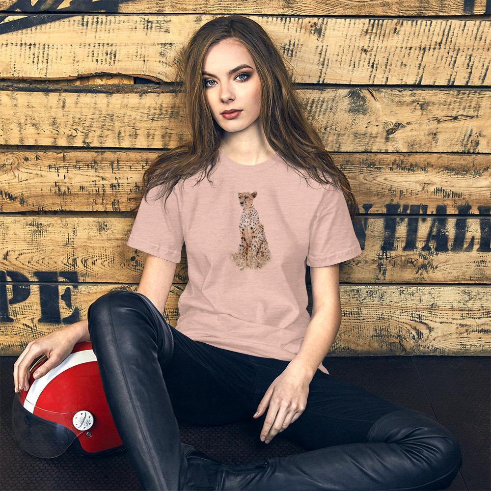 a pale peach tee with a cheetah on the chest