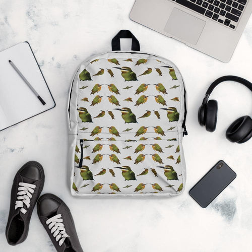 Bee Eater bird repeating pattern on a light grey backpack 