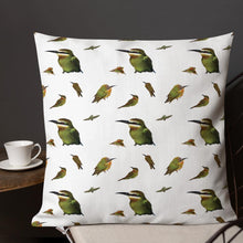 Load image into Gallery viewer, White square pillow with a repeating bee eater bird pattern
