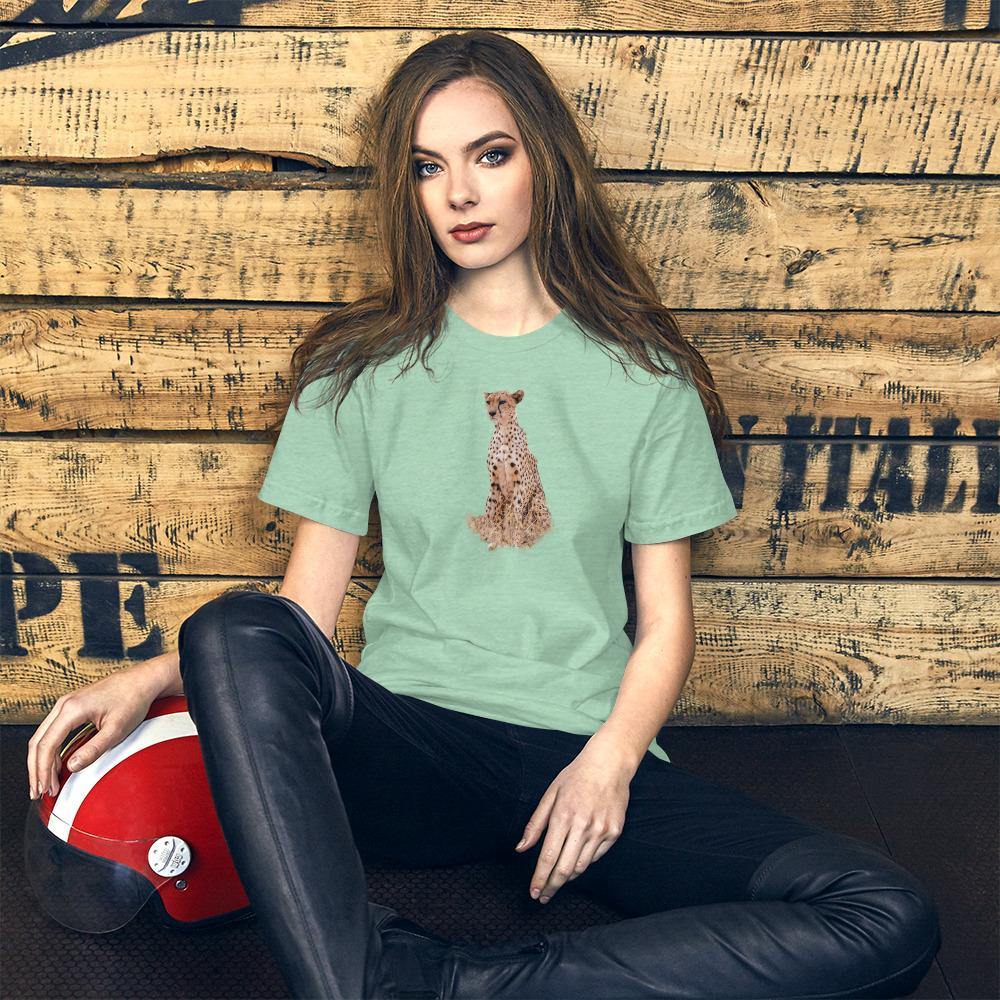 a green t-shirt with a cheetah on the front