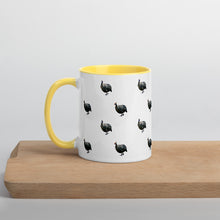Load image into Gallery viewer, White guinea fowl coffee mug with a yellow handle and inside
