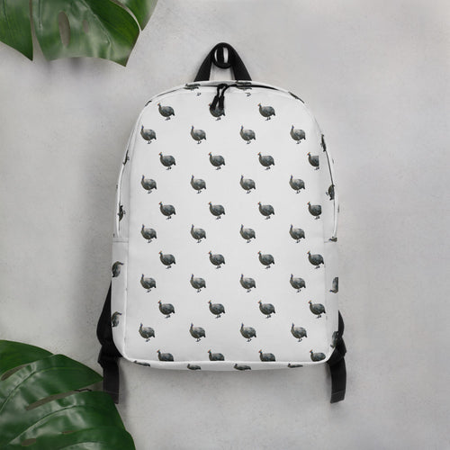 Water resistant backpack with a guinea fowl design.