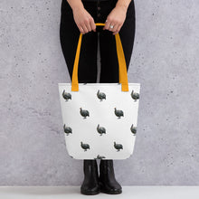 Load image into Gallery viewer, Guinea Fowl Tote Bag. Sturdy white tote bag with guinea fowl pattern and a yellow handle. 

