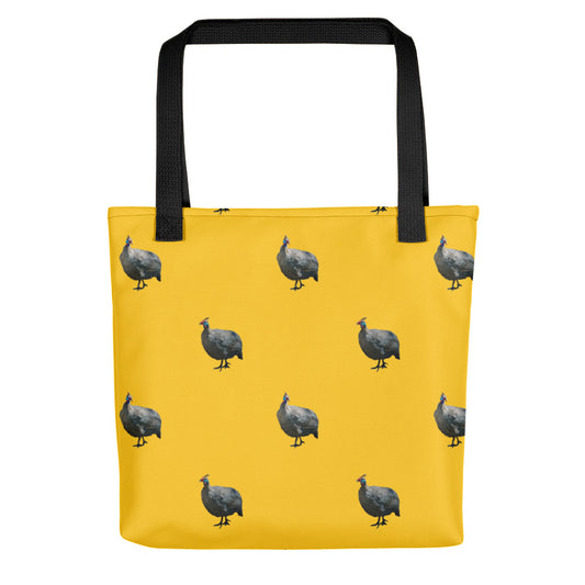 Sturdy yellow tote bag with guinea fowl and a black handle.