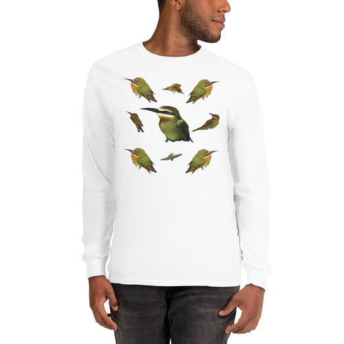 Bee Eater birds printed on the chest of a white long sleeve shirt on a man