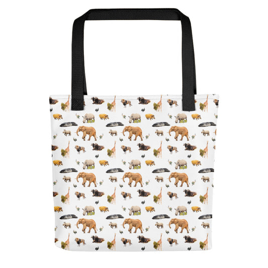 Spacious african animal tote bag. African animal repeating pattern on a white bag with black handles