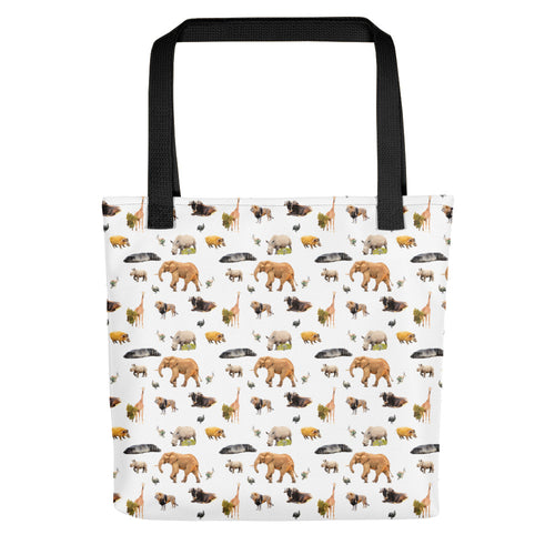 Spacious african animal tote bag. African animal repeating pattern on a white bag with black handles