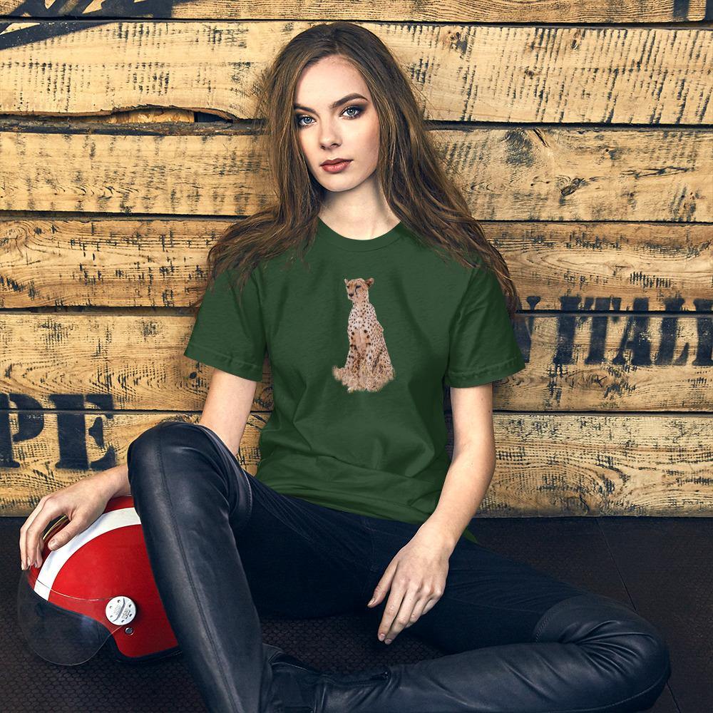 A dark green t-shrit with a cheetah on the front