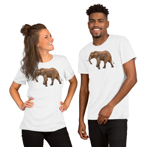 White round neck t-shirt with a smiling elephant print on the front. Unisex shirt.