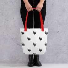 Load image into Gallery viewer, Guinea Fowl Tote Bag. Sturdy white tote bag with guinea fowl pattern and a red handle. 
