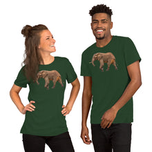 Load image into Gallery viewer, A dark green t-shirt worn by men and women with a smiling elephant on front
