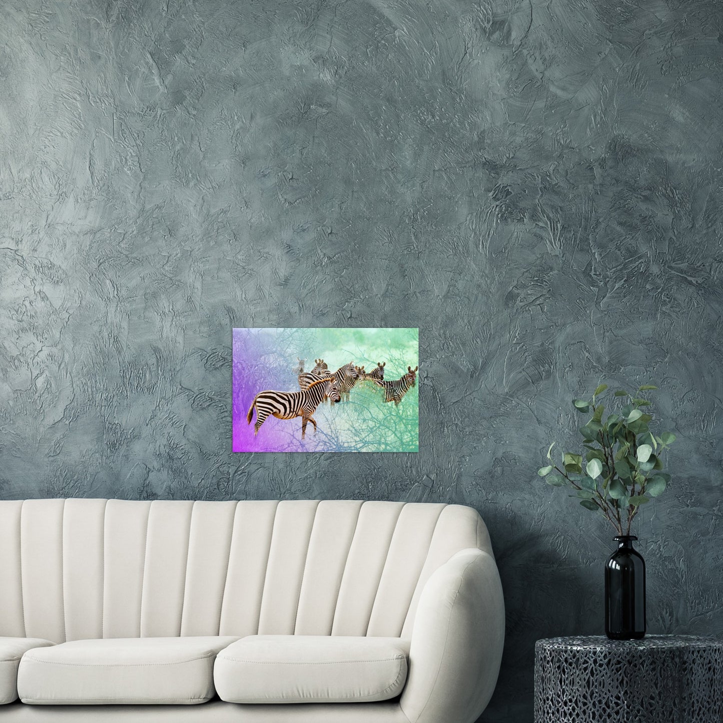 The surreal safari zebra photographic print on a modern living room wall.