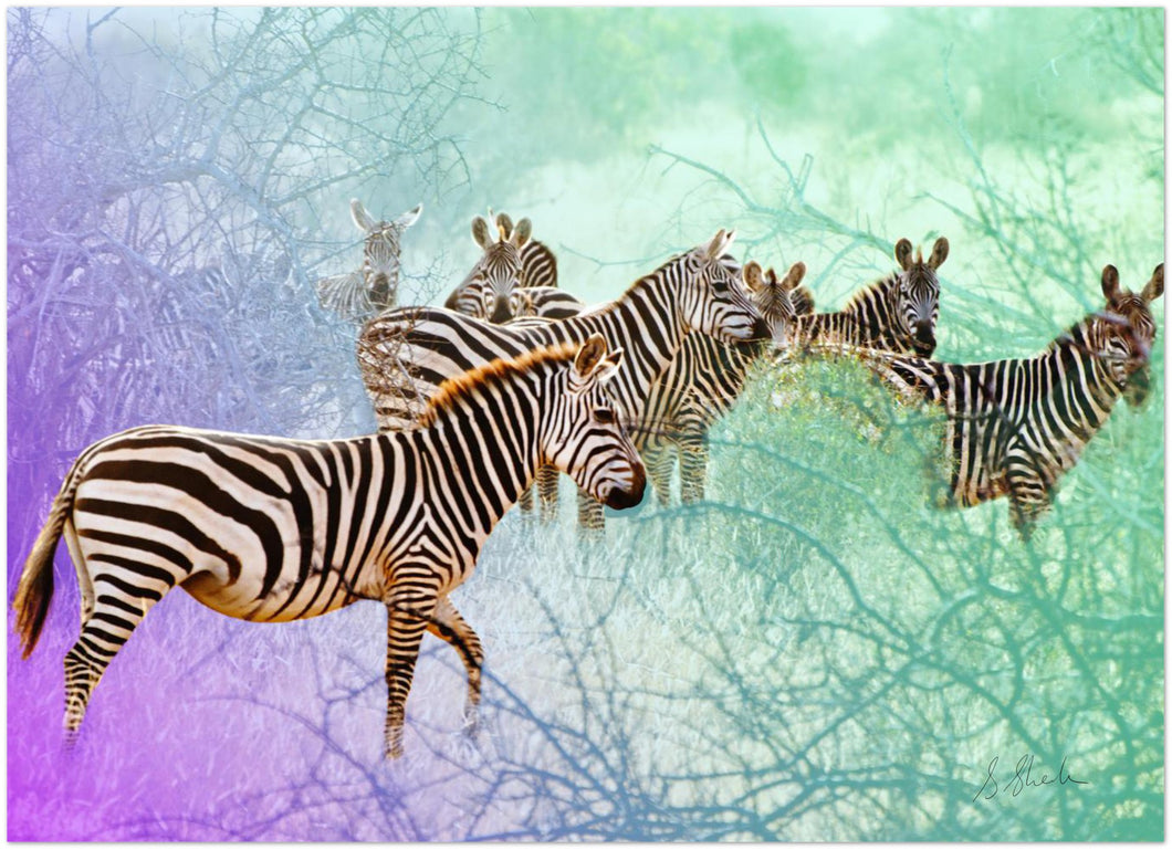 a herd of zebra in a green and purple mystical landscape