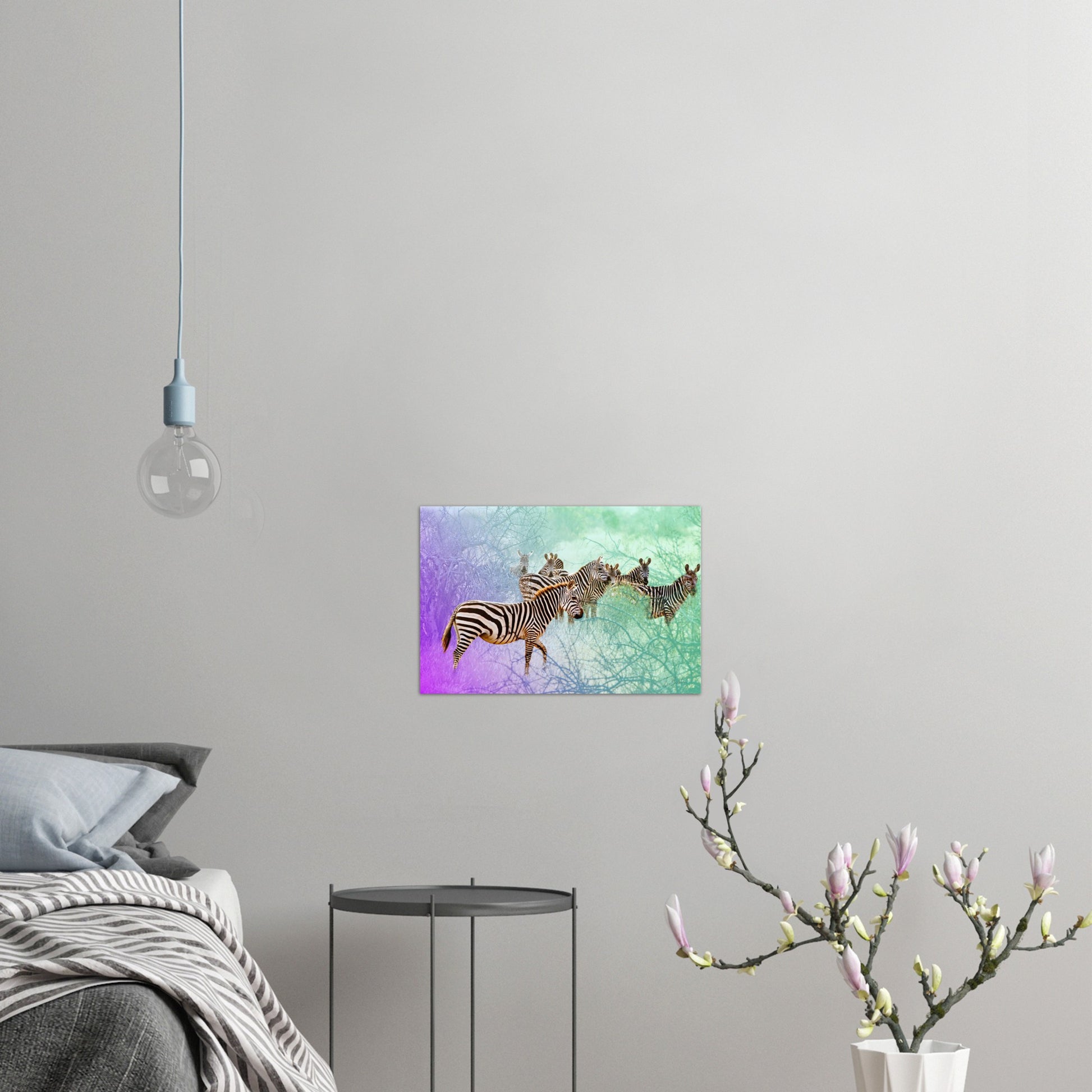 The surreal safari zebra photographic print on a modern bedroom wall.