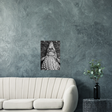 Load image into Gallery viewer, Living room wall with high contrast poster of a crocodile. View from over his shoulder. 
