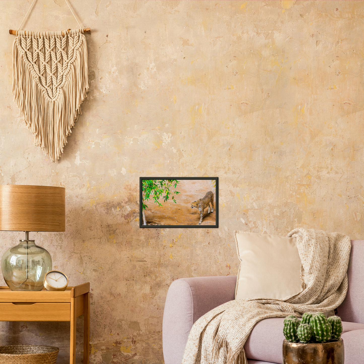 Cheetah framed print on rustic living room wall